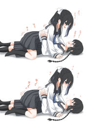 2girls absurdres black_eyes black_hair black_sailor_collar black_skirt black_socks blush braid commentary_request hair_ribbon highres kneehighs kurosawa_karura long_hair long_sleeves multiple_girls open_mouth original pleated_skirt ponytail ribbon sailor_collar school_uniform serafuku shirt simple_background skirt smile socks straddling translation_request twin_braids white_background white_ribbon white_shirt yuri