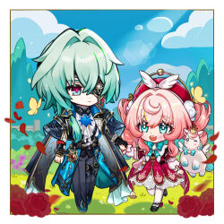 1boy 1girl anaxa_(honkai:_star_rail) aqua_eyes aqua_hair black_jacket black_pants border chibi chibi_only closed_mouth creature dress full_body honkai:_star_rail honkai_(series) hyacine_(honkai:_star_rail) jacket little_ica_(honkai:_star_rail) multicolored_hair open_mouth pants pink_hair red_dress shadow smile teeth twintails two-tone_hair upper_teeth_only veryslow_zzzpin white_border yellow_pupils