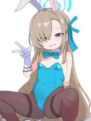1girl absurdres aged_down animal_ears asuna_(blue_archive) asuna_(bunny)_(blue_archive) bare_shoulders blue_archive blue_bow blue_bowtie blue_eyes blue_halo blue_leotard blue_ribbon bow bowtie breasts brown_hair brown_pantyhose commentary covered_navel detached_collar english_commentary fake_animal_ears feet_out_of_frame gloves grin groin hair_ribbon halo highleg highleg_leotard highres leotard lk149 long_hair looking_at_viewer mole mole_on_breast pantyhose playboy_bunny rabbit_ears ribbon simple_background small_breasts smile solo spread_legs squatting strapless strapless_leotard teeth thighband_pantyhose very_long_hair w white_background white_gloves