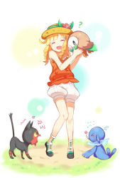 1girl ? ^_^ alternate_hair_color blonde_hair blush braid closed_eyes fuwasn1545 game_freak gen_7_pokemon highres litten long_hair nintendo open_mouth pokemon pokemon_(creature) pokemon_usum popplio rowlet selene_(pokemon) selene_(pokemon_usum) smile standing starter_pokemon_trio twin_braids white_background