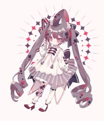 1girl animal_ear_fluff animal_ears back_bow black_bow black_flower bow brown_hair closed_mouth commentary expressionless flower frilled_socks frills full_body grey_skirt hair_bow hair_flower hair_ornament hair_ribbon hand_up high_heels highres lace lace-trimmed_shirt lace_trim long_hair long_sleeves low_drills original ozureiji pleated_skirt puffy_long_sleeves puffy_sleeves rabbit_ears red_bow red_eyes red_flower red_nails red_ribbon red_shoes ribbon shirt shoes single_thighhigh skirt skirt_hold socks solo striped_clothes striped_skirt symbol-only_commentary tassel thighhighs tsurime twintails vertical-striped_clothes vertical-striped_skirt white_shirt white_socks white_thighhighs