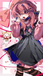 &gt;_&lt; +_+ 1girl absurdres animal artist_request black_bow black_bowtie black_choker black_dress black_pantyhose bow bowtie cat cheering chinese_commentary choker cloak clothed_animal collarbone collared_shirt commentary_request dress ear_covers feet_out_of_frame fingernails frilled_dress frilled_shirt_collar frilled_sleeves frills glowstick hair_between_eyes hair_bow hair_ornament hair_over_shoulder hairclip halftone hand_on_own_cheek hand_on_own_face happy heart heart_choker highres holding holding_glowstick hood hood_up hooded_cloak long_hair long_sleeves low_twintails medium_dress momo_(nikki) multiple_hair_bows nikki_(nikki) nikki_(series) notice_lines outside_border pantyhose penlight_(glowstick) pinafore_dress pink_bow pink_eyes pink_hair pink_pantyhose pink_shirt puffy_long_sleeves puffy_sleeves red_bow red_bowtie second-party_source shirt sleeveless sleeveless_dress sleeves_past_wrists sparkling_eyes striped_clothes striped_pantyhose traditional_bowtie twintails two-tone_pantyhose v v-shaped_eyebrows white_background white_cat yellow_cloak