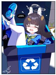 1girl absurdres animal_ear_hairband animal_ears black_gloves black_hair blue_archive blue_shirt blue_shoes blush closed_eyes crying english_text fake_animal_ears gloves green_neckerchief grey_halo hairband halo highres in_container in_trash_can leaf leaf_on_head long_hair melissa_v2 miyu_(blue_archive) neckerchief open_mouth pantyhose rabbit_ear_hairband rabbit_ears sailor_collar shirt shoes sidelocks solo trash_can white_hairband white_pantyhose white_sailor_collar
