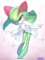 1girl artist_name colored_skin female_focus flat_chest full_body gen_3_pokemon green_hair green_skin groin hair_over_one_eye highres kirlia leaning_forward legs looking_at_viewer medium_hair multicolored_skin navel nintendo no_feet no_mouth one_eye_covered outline pokemon pokemon_(creature) red_eyes sidelocks signature solo sparkle standing standing_on_one_leg suahh thighs two-tone_skin white_skin