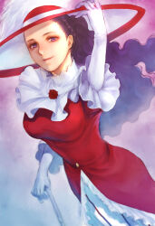 1girl adjusting_clothes adjusting_headwear brown_hair cane dress elbow_gloves floating_hair from_above gloves gundam hat highres holding holding_cane lily_borjarnon long_hair looking_at_viewer looking_up purple_background purple_eyes red_dress simple_background smile solo takeda_yuuko turn_a_gundam wavy_hair white_gloves