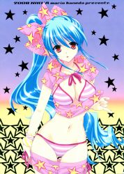 00s 1girl 2008 :o absurdres bare_shoulders bikini blue_hair bow bracelet breasts cleavage clothes_pull female_focus fingernails hair_bow halterneck highres jewelry long_hair looking_at_viewer mario_kaneda nail_polish navel open_clothes open_shirt original pants pants_pull pink_bikini pulling_own_clothes red_eyes shirt side_ponytail solo star_(symbol) star_print striped_bikini striped_clothes swimsuit thigh_gap very_long_hair