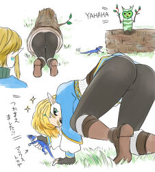 Rule 34 | 1boy, 1girl, all fours, animal, artist name, ass, black pants, blonde hair, boots, brown boots, commentary request, earrings, grass, green eyes, highres, holding, holding animal, jewelry, korok, link, lizard, log, looking at viewer, multiple views, nintendo, pants, pointy ears, princess zelda, short hair, sidelocks, sparkle, teraichigo, the legend of zelda, the legend of zelda: tears of the kingdom, tight clothes, tight pants, translation request, white background