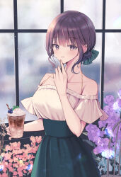1girl aqua_bow aqua_skirt bare_shoulders black_hair blueberry blush bow breasts chain chair closed_mouth collarbone commentary_request cowboy_shot cup drink finger_to_own_chin fingernails flower food fruit gold_chain grey_eyes hand_up heart heart_in_eye high-waist_skirt highres holding holding_cup holding_drink ice_cream ice_cream_float indoors large_breasts light_particles looking_at_viewer mature_female nagidango nail_polish off-shoulder_shirt off_shoulder original pink_flower pink_nails purple_flower shirt shirt_tucked_in short_hair short_sleeves sidelocks skirt smile solo standing symbol_in_eye white_shirt window