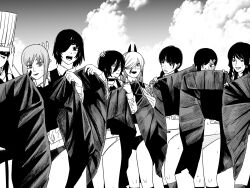 6+girls blood bloody_tears chainsaw_man chef_hat choker cloud cloudy_sky collared_shirt demon_girl demon_horns dress eyepatch falling_devil_(chainsaw_man) flat_top_chef_hat fourth_east_high_school_uniform fujimoto_tatsuki_(style) greyscale hair_ornament hair_over_one_eye hairclip hat higashiyama_kobeni highres himeno_(chainsaw_man) holding_detached_head horns lifting_own_clothes long_hair makima_(chainsaw_man) mifune_fumiko mitaka_asa monochrome multiple_girls nanami_toga navel open_mouth outdoors panties pinafore_dress power_(chainsaw_man) reze_(chainsaw_man) ringed_eyes school_uniform severed_head shirt sky sleeveless sleeveless_dress sweat underwear