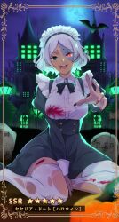 absurdres bat_(animal) blood blood_splatter blue_eyes blue_skin bow castle colored_skin gacha_(game_mechanic) green_light gundam gundam_suisei_no_majo halloween highres maid mizuno374 red_eyes secelia_dote tan thighhighs tombstone torn_clothes white_hair zombie