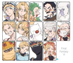 blonde_hair blue_eyes blue_headband celes_chere cyan_garamonde earrings edgar_roni_figaro final_fantasy final_fantasy_vi garbage_paper gau gogo green_hair grey_hair headband highres jewelry locke_cole long_hair mog moogle multiple_boys multiple_girls ponytail relm_arrowny ribbon sabin_rene_figaro setzer_gabbiani shadow_(ff6) short_hair smile strago_magus tina_branford umaro