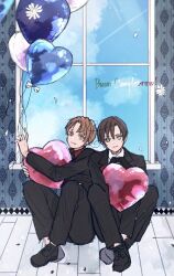 Rule 34 | 2boys, ahoge, axis powers hetalia, balloon, black bow, black bowtie, black jacket, black necktie, black pants, black shoes, blue sky, bow, bowtie, brothers, brown hair, closed mouth, cloud, cloudy sky, collared shirt, commentary request, crossed legs, day, floor, formal clothes, full body, green eyes, hair between eyes, hand up, heart balloon, highres, holding, holding balloon, indoors, italian text, jacket, lapels, long sleeves, looking at viewer, male focus, multiple boys, necktie, northern italy (hetalia), orange hair, pants, parted bangs, red shirt, shirt, shoes, siblings, sitting, sky, smile, southern italy (hetalia), suit, suit jacket, twins, wafe (osinosimobe), white shirt, window, yellow eyes