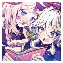 2girls 99_chiri bare_shoulders black_gloves blue_eyes blue_hair blue_jacket book braid citlali_(genshin_impact) drop-shaped_pupils empty_eyes facial_mark fingerless_gloves foam_mustache forehead_mark furina_(genshin_impact) genshin_impact gloves hat heterochromia highres jacket mismatched_pupils multiple_girls pink_hair reading leotard symbol-shaped_pupils top_hat triangle triangle_facial_mark twin_braids white_gloves