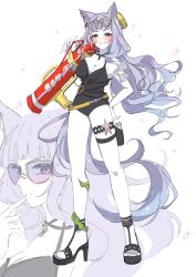 Rule 34 | 1girl, animal ears, black one-piece swimsuit, casual one-piece swimsuit, eyewear on head, gold ship (run revolt launcher) (umamusume), gold ship (umamusume), highres, holding, holding water gun, horse ears, horse girl, horse tail, official alternate costume, one-piece swimsuit, purple-tinted eyewear, solo, sotsunaku, sunglasses, swimsuit, tail, tinted eyewear, umamusume, water gun