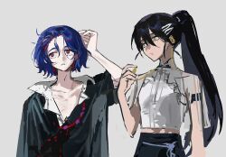 1boy 1girl black_hair blue_hair collared_shirt colored_inner_hair crop_top diurtion grey_background gundam gundam_gquuuuuux hair_ornament hairclip long_hair lower_eyelashes_only midriff multicolored_hair nyaan_(gundam_gquuuuuux) open_mouth ponytail red_eyes red_hair shirt short_hair shuji_ito simple_background two-tone_hair upper_body yellow_eyes