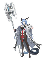 Rule 34 | 1girl, art study, bare shoulders, black shoes, blue hair, breasts, brown pantyhose, dragon girl, dragon horns, dragon tail, full body, highres, holding, holding weapon, horns, jacket, large breasts, long hair, long sleeves, looking at viewer, open clothes, open jacket, original, pantyhose, pointy ears, potatoy, shoes, simple background, standing, tail, weapon, white background, white jacket, yellow eyes