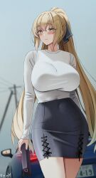 1girl artist_name black_ribbon black_skirt blue_car blush borrowed_character breasts brown_eyes car closed_mouth hair_between_eyes hair_ribbon high_ponytail highres holding keenh large_breasts leather leather_skirt lexus lexus_lc long_hair long_sleeves looking_to_the_side miniskirt motor_vehicle original ponytail ribbon satou_mayumi_(rc_f) shirt sideways_glance skirt smile solo sports_car standing white_shirt