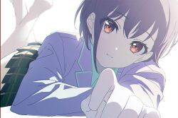 1girl bang_dream! bang_dream!_it&#039;s_mygo!!!!! brown_eyes brown_hair chinese_commentary commentary_request feixiang_de_huojiren green_skirt grey_hair grey_jacket haneoka_school_uniform jacket looking_at_viewer lying on_stomach open_mouth plaid_clothes plaid_skirt pleated_skirt school_uniform short_hair skirt solo takamatsu_tomori the_pose