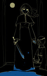 1boy 1girl blood blood_on_clothes blood_on_face blue_blood commentary_request dress famiresu_wo_kyouju_seyo full_moon highres holding holding_sword holding_weapon implied_murder klein_(famiresu_wo_kyouju_seyo) mia960 moon pool_of_blood railroad_spike_(famiresu_wo_kyouju_seyo) sword weapon