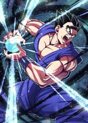 Rule 34 | 1boy, black eyes, black hair, dragon ball, dragon ball super, dragon ball super super hero, highres, kamehameha (dragon ball), muscular, muscular male, potential unleashed, screaming, serious, son gohan, spiked hair, ultimate gohan