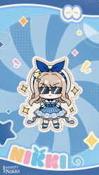 1girl ankle_socks artist_request back_bow bare_shoulders beads beret blonde_hair blue_background blue_bow blue_bowtie blue_dress blue_shoes blue_sleeves blue_wrist_cuffs blush_stickers bow bowtie brooch bubbly_voyage_(infinity_nikki) buttons chibi closed_mouth collared_dress copyright_name detached_sleeves dotted_line dress frilled_dress frilled_sleeves frilled_socks frilled_wrist_cuffs frills furrowed_brow glasses hair_intakes hair_ornament hair_rings hairclip halftone hands_on_own_hips happy hat hat_bow highres infinity_nikki jewelry logo mary_janes nikki_(series) notice_lines official_art official_wallpaper opaque_glasses outline rabbit_hair_ornament second-party_source shoes short_dress short_hair_with_long_locks sidelocks smile socks solo sparkle standing star_(symbol) star_hair_ornament straight-on strapless strapless_dress striped_clothes striped_dress sunglasses swept_bangs vertical-striped_clothes vertical-striped_dress white_hat white_outline white_socks wrist_cuffs