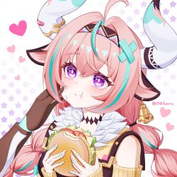 1boy 1girl :t abeimaochidiaole absurdres aether_(genshin_impact) animal_ears aqua_hair bell bell_earrings blush braid brown_gloves brown_hairband burger closed_mouth cow_ears cow_horns earrings food genshin_impact gloves hair_ornament hairband highres holding holding_burger holding_food horns jewelry long_hair multicolored_hair neck_tattoo pink_eyes pink_hair streaked_hair tattoo twin_braids varesa_(genshin_impact) x_hair_ornament