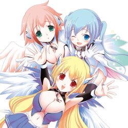 3girls :o angel_wings arms_up astraea_(sora_no_otoshimono) blonde_hair blue_eyes blue_hair blush breasts broken broken_chain chain cleavage collar cowboy_shot feathered_wings from_above garter_straps gloves green_eyes head_wings ikaros large_breasts long_hair looking_at_viewer looking_up lying medium_hair metal_collar minazuki_suu multiple_girls navel nymph_(sora_no_otoshimono) on_back one_eye_closed open_mouth outstretched_arms pink_hair pink_wings red_eyes robot_ears simple_background small_breasts smile sora_no_otoshimono thighhighs thighs twintails very_long_hair waving white_background white_gloves white_wings wings