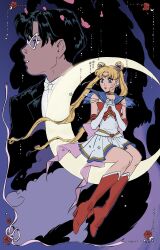 1boy 1girl back_bow bishoujo_senshi_sailor_moon black_hair black_jacket blue_eyes blue_sailor_collar boots bow bowtie breasts brooch chiba_mamoru choker collared_shirt crescent_moon double_bun elbow_gloves falling_petals flower full_body gem gloves hair_bun heart heart_choker high_heel_boots high_heels highres jacket jewelry leslie_hung light_blush long_hair medium_breasts moon own_hands_clasped own_hands_together parted_bangs parted_lips petals pink_bow pink_petals pleated_skirt red_boots red_bow red_flower red_gemstone red_rose rose sailor_collar sailor_moon see-through_clothes see-through_sleeves shirt short_hair sidelocks skirt suit_jacket tiara tsukino_usagi tuxedo_kamen twintails upper_body white_bow white_bowtie white_gloves white_shirt