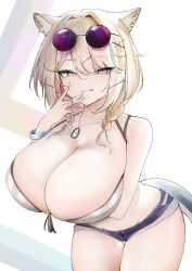 1girl :3 absurdres animal_ear_fluff animal_ears arknights arm_under_breasts bikini blonde_hair braid breasts cleavage closed_mouth come_hither cowboy_shot eyewear_on_head grey_bikini hair_between_eyes hair_intakes hair_ornament hairclip hand_on_own_face highres huge_breasts jewelry marceau_44 medium_hair micro_shorts official_alternate_costume pendant pink_eyes purple_shorts round_eyewear shorts smile solo standing swimsuit tail tongue tongue_out twin_braids utage_(arknights) utage_(summer_flowers)_(arknights) white_background x_hair_ornament