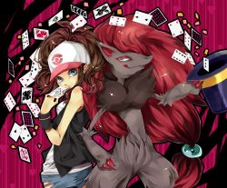 10s 1girl ace_(playing_card) ace_of_clubs ace_of_spades baseball_cap blue_eyes brown_hair bulbasaur cameo card chikorita chimchar club_(shape) clubs diamonds floating_card gen_1_pokemon gen_2_pokemon gen_3_pokemon gen_4_pokemon gen_5_pokemon hainegom hat heart highres hilda_(pokemon) holding holding_card jack_(playing_card) jack_of_clubs jack_of_clubs_(playing_card) janis_(hainegom) joker_(playing_card) king_(playing_card) king_of_spades magic mudkip nintendo oshawott playing_card pokemon pokemon_(creature) pokemon_bw ponytail queen_(playing_card) queen_of_diamonds queen_of_hearts_(alice_in_wonderland) queen_of_hearts_(playing_card) queen_of_spades_(playing_card) red_hair spade spade_(shape) top_hat wristband zoroark