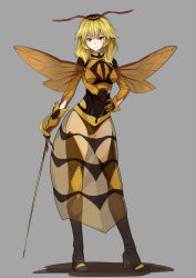 1girl antennae arthropod_girl black_boots black_thighhighs blonde_hair boots female_focus frostcyco full_body hand_on_own_hip highres insect_wings long_skirt looking_at_viewer original personification rapier see-through_clothes skirt solo standing sword thigh_boots thighhighs wasp weapon wings yellow_eyes