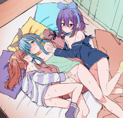 Rule 34 | 3girls, absurdres, ankle socks, aqua eyes, black ribbon, blanket, blue bow, blue eyes, blue hair, blue hairband, blue jacket, blue pajamas, blush, bottomless, bow, bow hairband, bright pupils, brown hair, camisole, camisole pull, cardigan, censored, cleft of venus, closed mouth, clothes pull, commentary request, double-parted bangs, embarrassed, eyes visible through hair, female pubic hair, flat chest, futon, green camisole, hair between eyes, hair ornament, hair over one eye, hair ribbon, hairband, head on pillow, highres, hood, hoodie, jacket, long bangs, long hair, long sidelocks, long sleeves, looking at another, lying, medium hair, multicolored hair, multiple girls, naked hoodie, naked jacket, no shoes, off shoulder, on back, on side, open cardigan, open clothes, orange streaks, original, pajamas, petite, pillow, pink cardigan, pom pom (clothes), pom pom hair ornament, pubic hair, purple hair, purple socks, pussy, pussy juice, raised inner eyebrows, ribbon, scribble censor, sidelocks, sketch, smile, socks, strap slip, streaked hair, striped clothes, striped hoodie, sweat, twintails, urushiushiru, v-shaped eyebrows, wavy mouth, white pupils, yellow socks, yuri