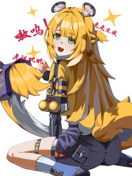 Rule 34 | 1girl, absurdres, animal ear fluff, animal ears, blonde hair, fingerless gloves, gloves, green eyes, highres, hongqifengyue, jacket, ju fufu, long hair, looking at viewer, multicolored hair, open mouth, shirt, shorts, smile, solo, tail, tiger ears, tiger girl, tiger tail, zenless zone zero