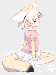 10s 1girl animal_ears blonde_hair brown_eyes brown_hair commentary eyelashes female_focus fennec_(kemono_friends) flower fox_ears fox_tail from_behind from_side full_body fur_trim gradient_legwear grey_background ica jitome kemono_friends lily_(flower) loafers looking_at_viewer looking_back multicolored_hair multicolored_legwear neck_ribbon petals pink_shirt pleated_skirt profile puffy_short_sleeves puffy_sleeves ribbon shirt shoe_soles shoes short_hair short_sleeves simple_background sitting skirt solo tail thighhighs twitter_username two-tone_legwear wariza white_flower white_hair white_shoes white_skirt white_thighhighs yellow_ribbon yellow_thighhighs zettai_ryouiki