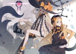 3girls abigail_williams_(fate) abigail_williams_(second_ascension)_(fate) abigail_williams_(third_ascension)_(fate) bare_shoulders black_bow black_dress black_hat black_panties black_thighhighs blonde_hair blue_eyes blush bow breasts bug butterfly closed_eyes colored_skin dress fate/grand_order fate_(series) forehead hair_bow hat insect key keyhole long_hair long_sleeves looking_at_viewer multiple_girls multiple_persona navel orange_bow oversized_object panties parted_bangs red_eyes ribbed_dress single_thighhigh sleeves_past_fingers sleeves_past_wrists small_breasts smile stuffed_animal stuffed_toy teddy_bear tentacles thighhighs thighs third_eye underwear user_pxyz8223 white_hair white_skin witch_hat