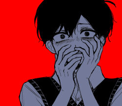 1boy ahoge bags_under_eyes buttons clenched_teeth collared_shirt commentary_request covering_own_mouth greyscale_with_colored_background hair_behind_ear hands_up highres looking_at_viewer male_focus omori portrait red_background rou_(h_s_sinrin) shirt short_hair simple_background solo something_(omori) straight-on sunny_(omori) sweat sweater_vest teeth very_short_hair wide-eyed