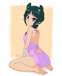 1girl babydoll bare_shoulders barefoot black_hair blue_eyes check_clothing closed_mouth clothing_request commentary english_commentary from_side full_body highres kusuriya_no_hitorigoto long_hair looking_at_viewer looking_to_the_side maomao_(kusuriya_no_hitorigoto) pink_babydoll soles solo toes xyronii