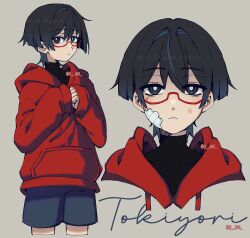 Rule 34 | 1boy, alternate costume, black eyes, black hair, black shirt, black shorts, brown background, bruise, bruise on face, carbuncly, character name, clenched hand, closed mouth, contemporary, covered collarbone, drawstring, expressionless, gauze, gauze on cheek, genshin impact, hair between eyes, hair intakes, hood, hood down, hoodie, injury, long sleeves, looking at viewer, male focus, mole, mole under eye, multiple views, red-framed eyewear, red hood, red hoodie, red sleeves, scaramouche (genshin impact), semi-rimless eyewear, shirt, shorts, sleeves past wrists, solo, turtleneck, turtleneck shirt, twitter username, wispy bangs