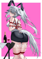 1girl absurdres alcohol animal_ear_hairband animal_ears arknights ass bare_arms bare_shoulders bdsm black_panties black_shorts blue_eyes bondage border bottle bound butt_crack chinese_commentary clothing_cutout commentary cowboy_shot crossed_bangs dai_mao_xuan_yi drink fake_animal_ears glaring hair_between_eyes hairband heart highres lappland_(arknights) long_hair looking_at_viewer outside_border panties pink_background rabbit_ear_hairband rabbit_ears sample_watermark shirt shorts simple_background sleeveless sleeveless_shirt solo standing sweatdrop tail underwear watermark white_border white_hair white_shirt white_tail wine wolf_ears wolf_girl wolf_tail