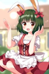 Rule 34 | 1girl, :d, animal ears, apron, blunt bangs, blurry, blurry background, blush, bow, brown eyes, collarbone, commentary request, dress, frilled apron, frills, green hair, hands up, highres, kin-iro mosaic, looking at viewer, oomiya shinobu, open mouth, outdoors, puffy short sleeves, puffy sleeves, rabbit ears, red bow, red dress, ruu (tksymkw), short hair, short sleeves, smile, solo, waist apron, white apron