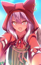1girl animal_ears blush breasts chawan_(yultutari) chloe_von_einzbern dark-skinned_female dark_skin earrings fang fate/kaleid_liner_prisma_illya fate_(series) fox_ears fox_tail green_hakama hakama hakama_skirt highres hood japanese_clothes jewelry kimono long_hair long_sleeves looking_at_viewer open_mouth orange_eyes outstretched_arms pink_hair red_kimono sidelocks skirt small_breasts smile solo tail wide_sleeves