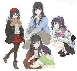 2girls bag coat earrings handbag headband high_heels hug jewelry jibek_lily kill_la_kill kiryuuin_satsuki long_hair long_skirt matoi_ryuuko multiple_girls phone scarf short_hair siblings sisters skirt thick_eyebrows watch