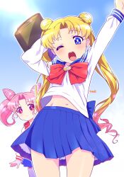 Rule 34 | 2girls, arms up, bishoujo senshi sailor moon, blonde hair, blue eyes, blue sailor collar, blue skirt, bright pupils, chibi usa, cone hair bun, double bun, earrings, groin, hair bun, highres, himehachi (hime8manga), jewelry, long hair, long sleeves, medium hair, miniskirt, mother and daughter, multiple girls, navel, one eye closed, open mouth, pink hair, pleated skirt, red eyes, sailor collar, school uniform, serafuku, shirt, skirt, teeth, transformation brooch (sailor moon), tsukino usagi, twintails, upper teeth only, very long hair, white pupils, white shirt
