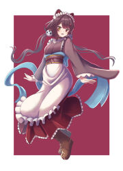 1girl :3 absurdres animal_ears animal_hair_ornament apron boots border breasts brown_boots brown_collar brown_hair brown_kimono brown_sash collar commentary commentary_request dog_ears dog_girl english_commentary fangs floating_hair flower frilled_apron frilled_skirt frills full_body hair_flower hair_ornament heterochromia highres inui_toko inui_toko_(1st_costume) japanese_clothes kimono lace-up_boots long_hair long_skirt long_sleeves looking_at_viewer low_twintails maid maid_headdress medium_breasts mixed-language_commentary nijisanji obi obiage obijime open_mouth outside_border purple_background red_eyes red_skirt sash simple_background skirt smile solo t_k twintails very_long_hair virtual_youtuber wa_maid waist_apron white_apron white_border white_headdress yellow_eyes