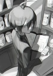 Rule 34 | 1boy, ahoge, black hair, black jacket, bottle, collared jacket, danganronpa (series), danganronpa v3: killing harmony, expressionless, eyelashes, folder, from above, from behind, greyscale, hair between eyes, highres, holding, holding bottle, holding folder, hzz hz, jacket, long sleeves, looking back, lower eyelashes only, male focus, monochrome, pants, perspective, poison, ringed eyes, saihara shuichi, shelf, short hair, solo, standing, striped clothes, striped jacket, striped pants