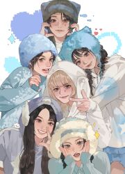 Rule 34 | aegyo sal, animification, bae (nmixx), blonde hair, blue headwear, blue hoodie, blue shirt, blush, braid, brown eyes, collared shirt, everyone, finger gun, fish, green headwear, haewon (nmixx), head tilt, heart, highres, hood, hood down, hood up, hoodie, jiwoo (nmixx), k-pop, kyujin (nmixx), lily (nmixx), linpinru, long hair, looking at viewer, medium hair, nmixx, parted lips, real life, shirt, smile, sparkle, star (symbol), sullyoon (nmixx), twin braids, white hoodie, y2k fashion, yellow headwear