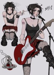 1girl black_boots black_bra black_hair black_tank_top black_thighhighs boots bra breasts cigarette cleavage fishnet_thighhighs fishnets flower flower_tattoo full_body garter_straps grey_eyes guitar highres holding holding_cigarette instrument jewelry knee_boots large_breasts lipstick lotus makeup medium_breasts microphone microphone_stand miniskirt music nail_polish nana_(series) necklace osaki_nana plaid_clothes plaid_skirt pleated_skirt red_lips red_nails red_skirt shmalloe short_hair shoulder_tattoo simple_background singing skirt smoking solo strap_slip tank_top tattoo thighhighs underwear white_background