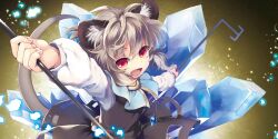 1girl animal_ear_fluff animal_ears black_skirt black_vest blue_capelet capelet commentary crystal dowsing_rod english_commentary game_cg grey_hair highres jewelry long_hair long_sleeves looking_at_viewer mouse_ears mouse_girl mouse_tail nazrin official_art open_mouth pendant red_eyes shirt skirt smile solo tail third-party_source tomobe_kinuko touhou touhou_lostword vest white_shirt
