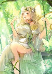 1girl animal animal_on_hand blonde_hair bow bracelet breasts bug butterfly dappled_sunlight detached_sleeves dress fairy fairy_wings flower flower_wreath forest glint gonzalez_(machita_chima) gown halter_dress halterneck head_wreath highres hikimayu insect jewelry large_breasts long_dress long_hair looking_at_animal machita_chima machita_chima_(7th_costume) nature nijisanji official_alternate_costume on_swing pink_nails puffy_detached_sleeves puffy_sleeves ring shiel7122 short_eyebrows side_slit signature sitting sleeveless sleeveless_dress solo sunlight swept_bangs swing swing_set thick_eyebrows thorns virtual_youtuber waist_bow wings yellow_eyes