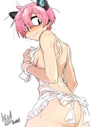 1boy absurdres animal_ears apron ass back back_bow bags_under_eyes black_eyes blush borrowed_character bow breasts closed_mouth edkuroki fake_animal_ears frilled_apron frills highres looking_back male_with_breasts medium_breasts naked_apron original park_jinim_(parkgee) pink_hair short_hair signature simple_background solo sweat wavy_mouth white_apron white_background white_bow